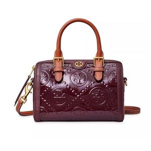 NEW Tory Burch T Monogram Patent Embossed Barrel Petite Bag in Albarossa 🥀